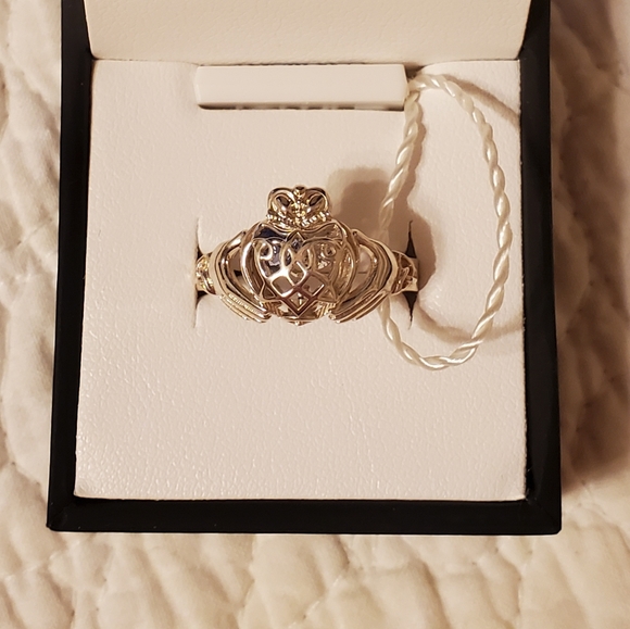 Sterling Celtic Claddagh Caged Hearts Aquamarine & Topaz Ring - Picture 5 of 15